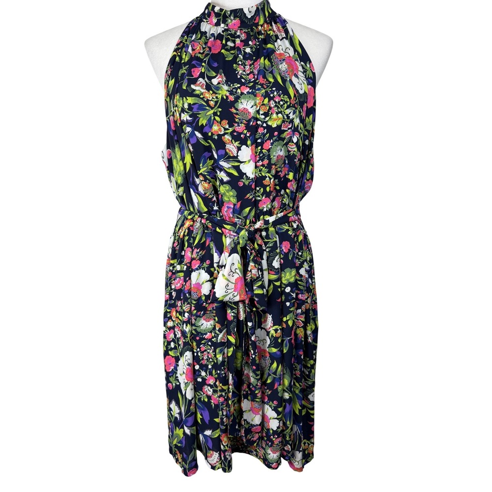 NY&C Floral Halter Midi Dress Womens Large Navy Blue Sleeveless Belted Pleated